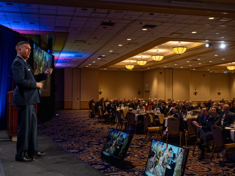 U.S. Air Force Maj. Gen. Shawn N. Bratton, Commander of Space Training and Readiness Command, gives remarks as the featured speaker for the 38th Space Symposium Satellite Forum Breakfast in Colorado Springs, Colo. on 19 April 2023. (U.S. Space Force photo by Ethan Johnson)