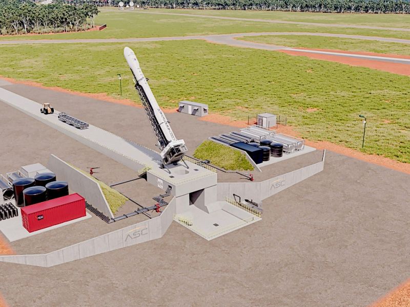 Artist's impression of INNOSPACE’s HANBIT NANO rocket on a launch pad at Equatorial Launch Australia’s Arnhem Space Centre.