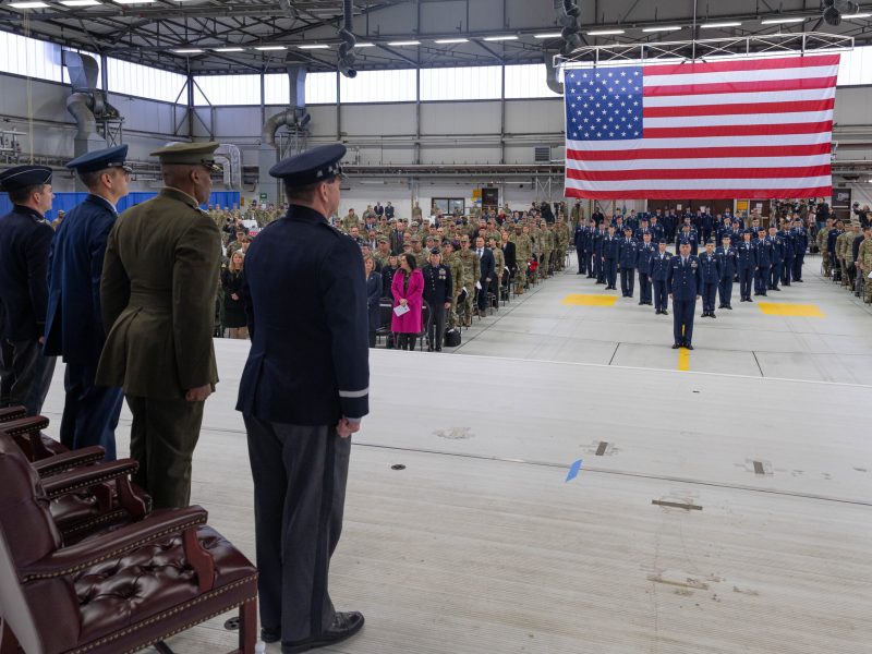 The official party for the U.S. Space Forces Europe & Africa activation ceremony stand at attention during the US SPACE-EURAF activation and assumption of command, at Ramstein Air Base, Germany, Dec. 8, 2023. Credit: U.S. Air Force photo by Senior Airman Edgar Grimaldo)