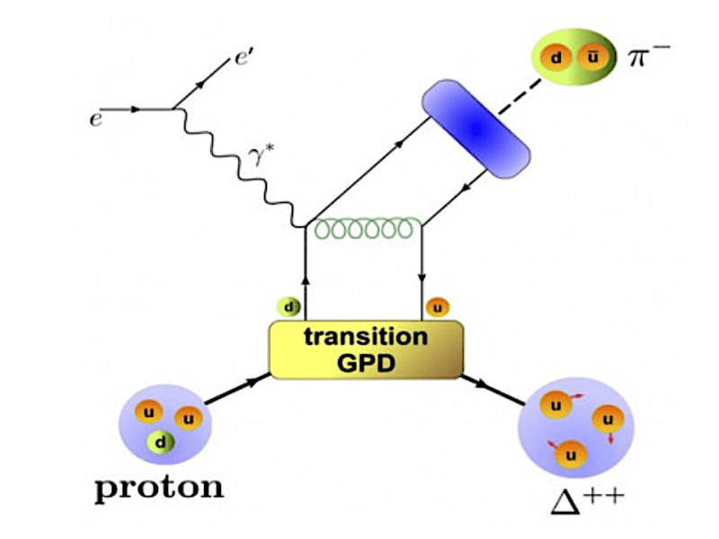 This Feynman diagram shows the physics of how an electron scattering from a proton can be used to theoretically access the 3D picture of the transition between the proton and the Δ++ resonance. Image courtesy of Stefan Diehl
